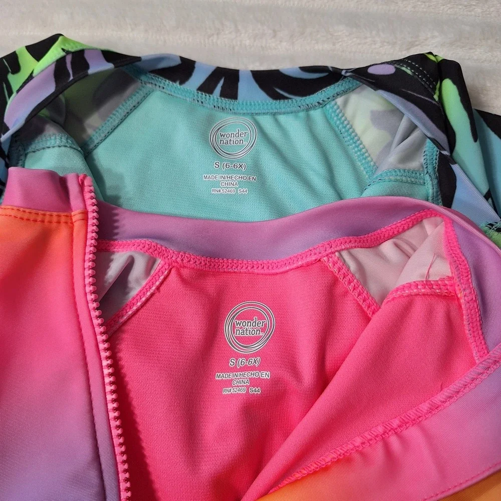 2 PC LOT One Pc Zip Rashguard Swimsuits Girls S (6-6X) Multi UPF 50+ BEACHY‎
